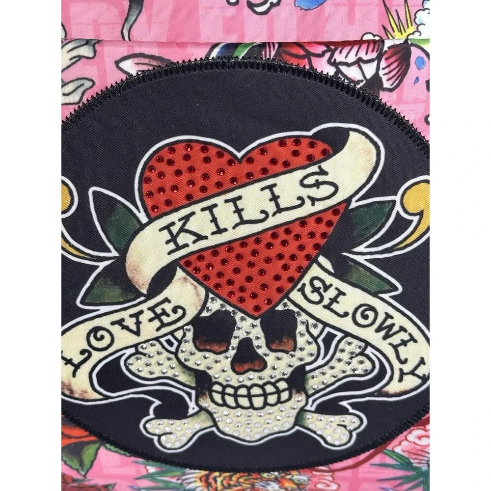 Ed Hardy Pink Tattoo Print Duffel Bag Kills Slowly Rhinestone Skull Weekender